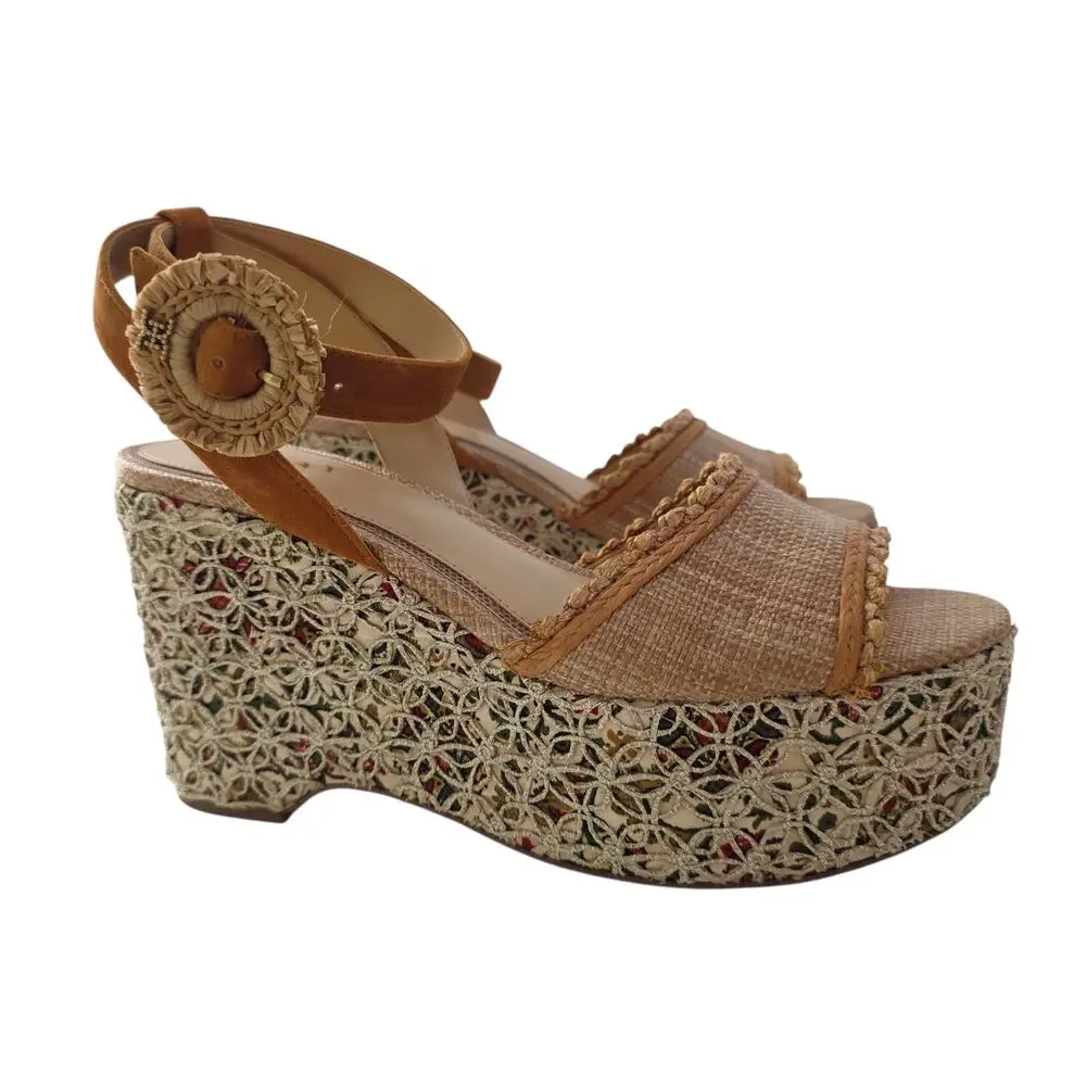 Sam Edelman Tan Floral Amber Espadrille Platform Ankle Strap Sandals Size 9